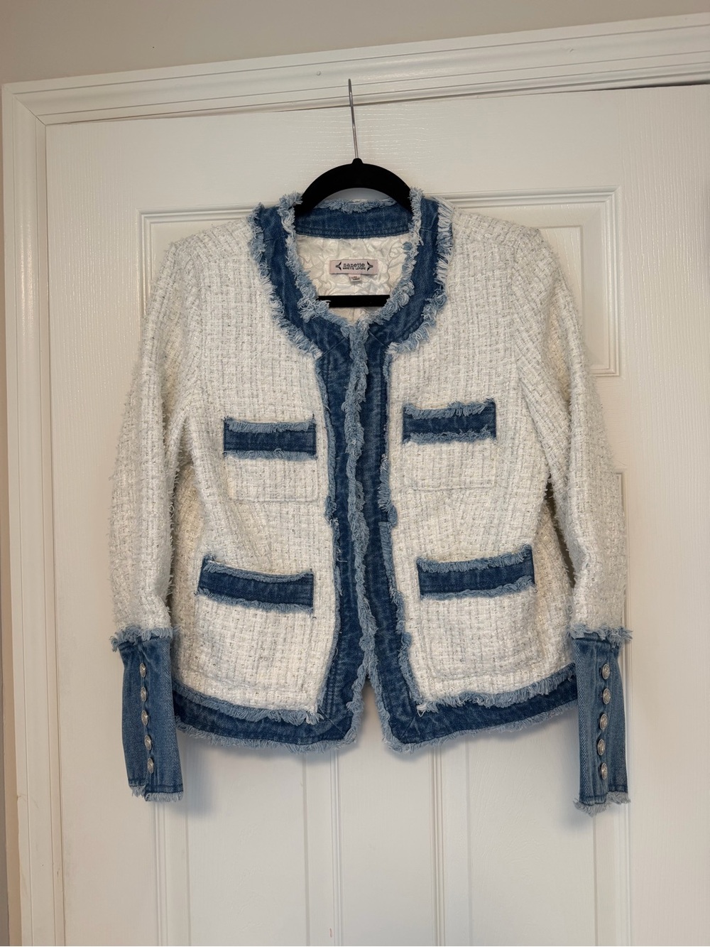 Nanette Lepore White Bouclé Jacket with Blue Denim Trim